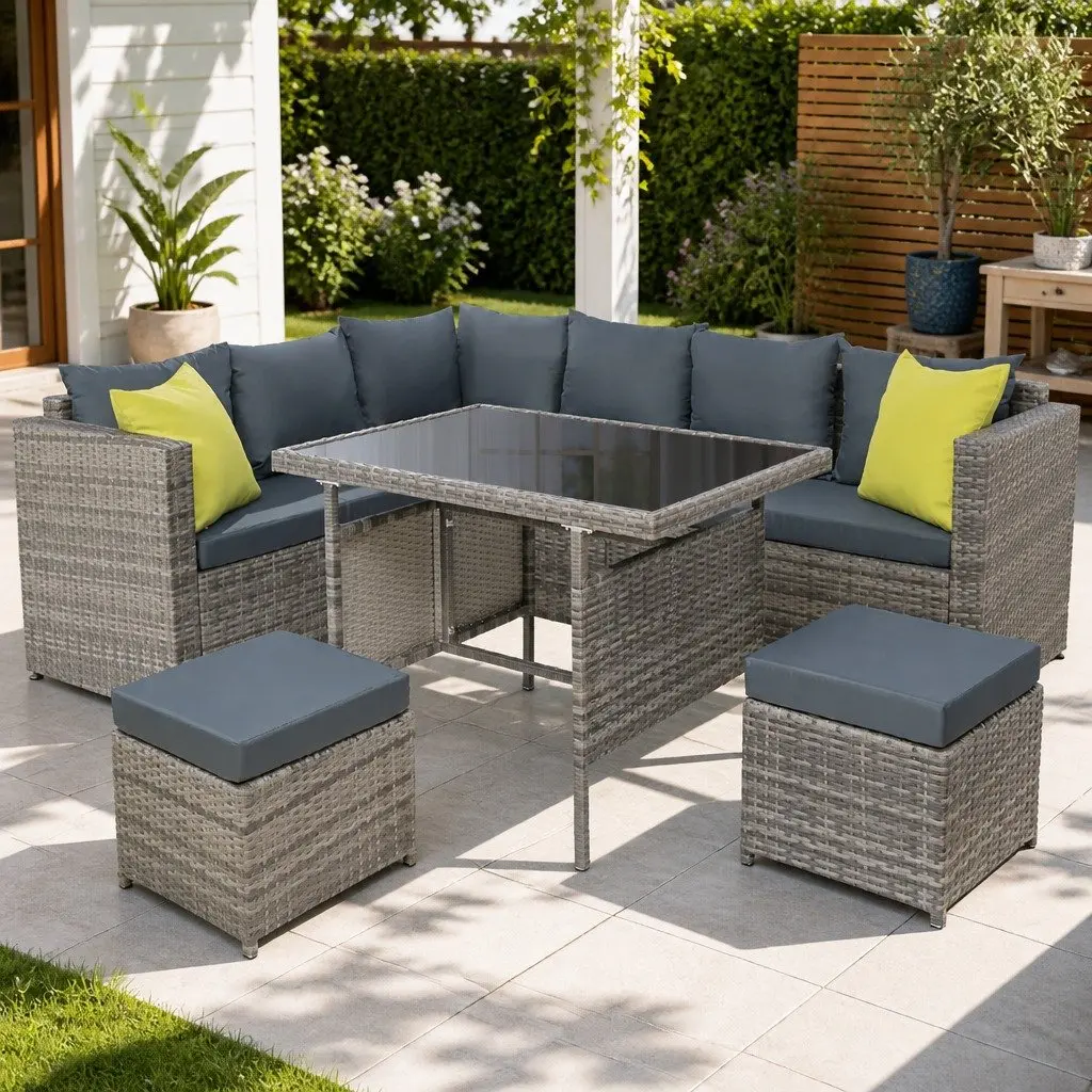 Grey Wicker Outdoor Dining Sofa Set with Table