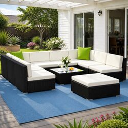 Sturdy 10-Piece Outdoor Lounge Sofa Set with Wicker Table