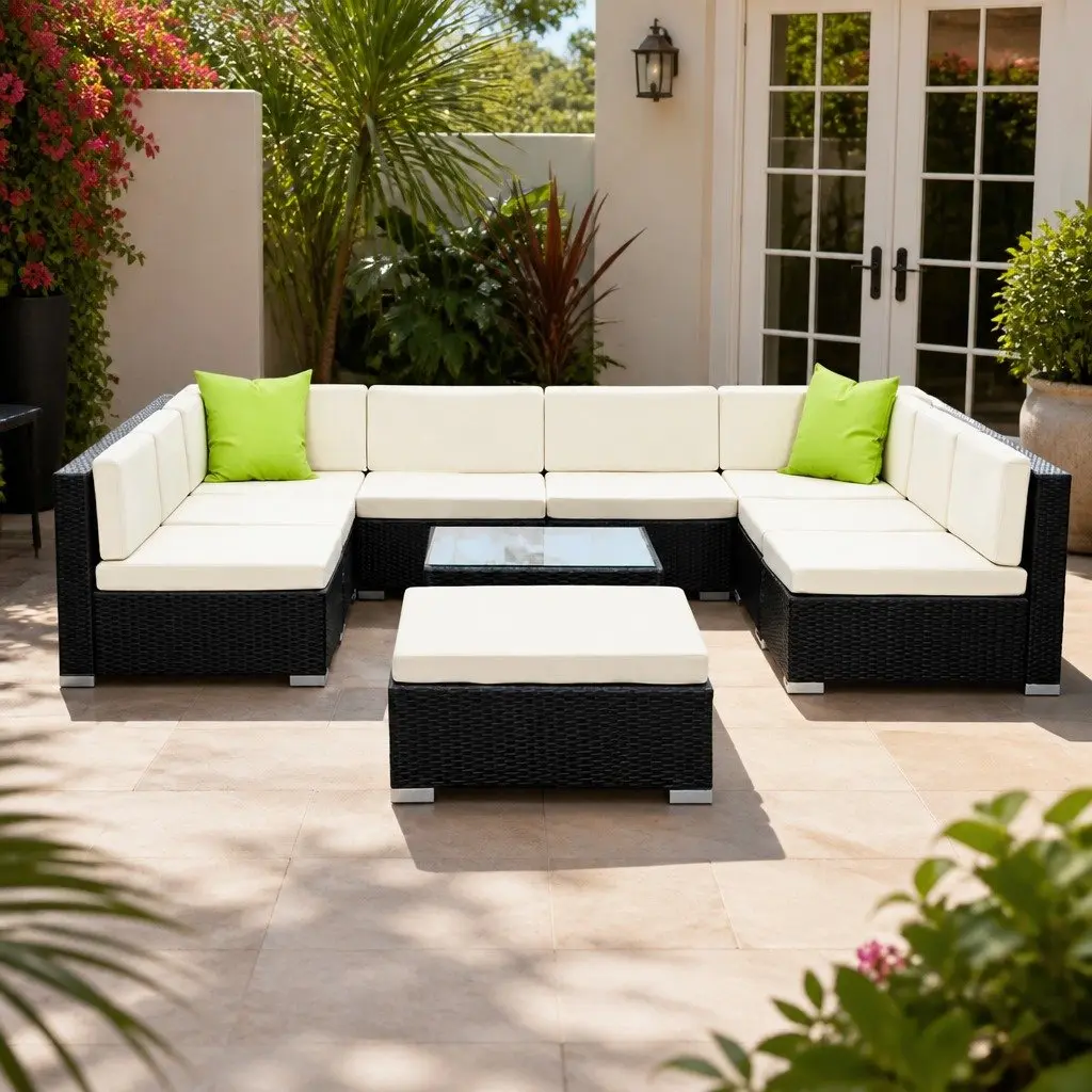10 Piece Outdoor Sofa Set Wicker Frame Black Beige Cushions Glass Top Table Ottoman