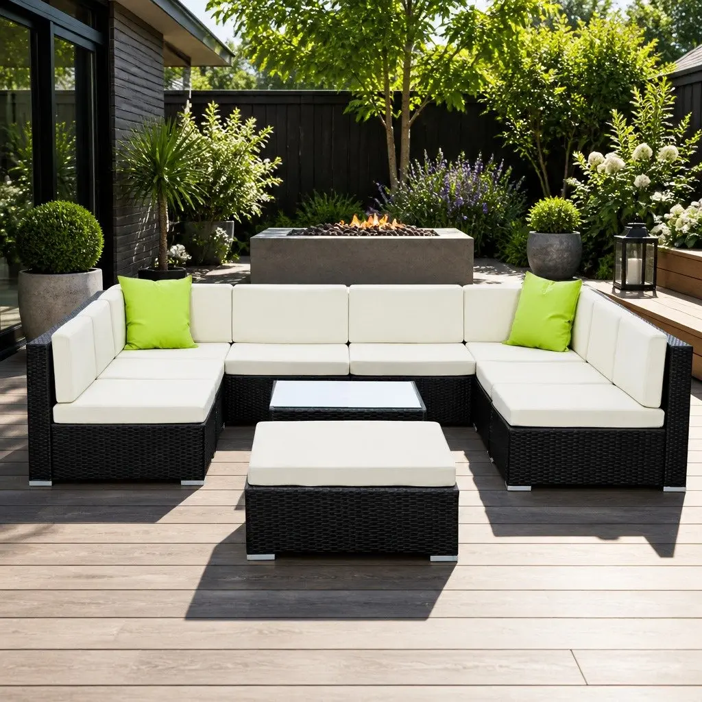 10 Piece Outdoor Sofa Set Wicker Frame Black Beige Cushions Glass Top Table Ottoman