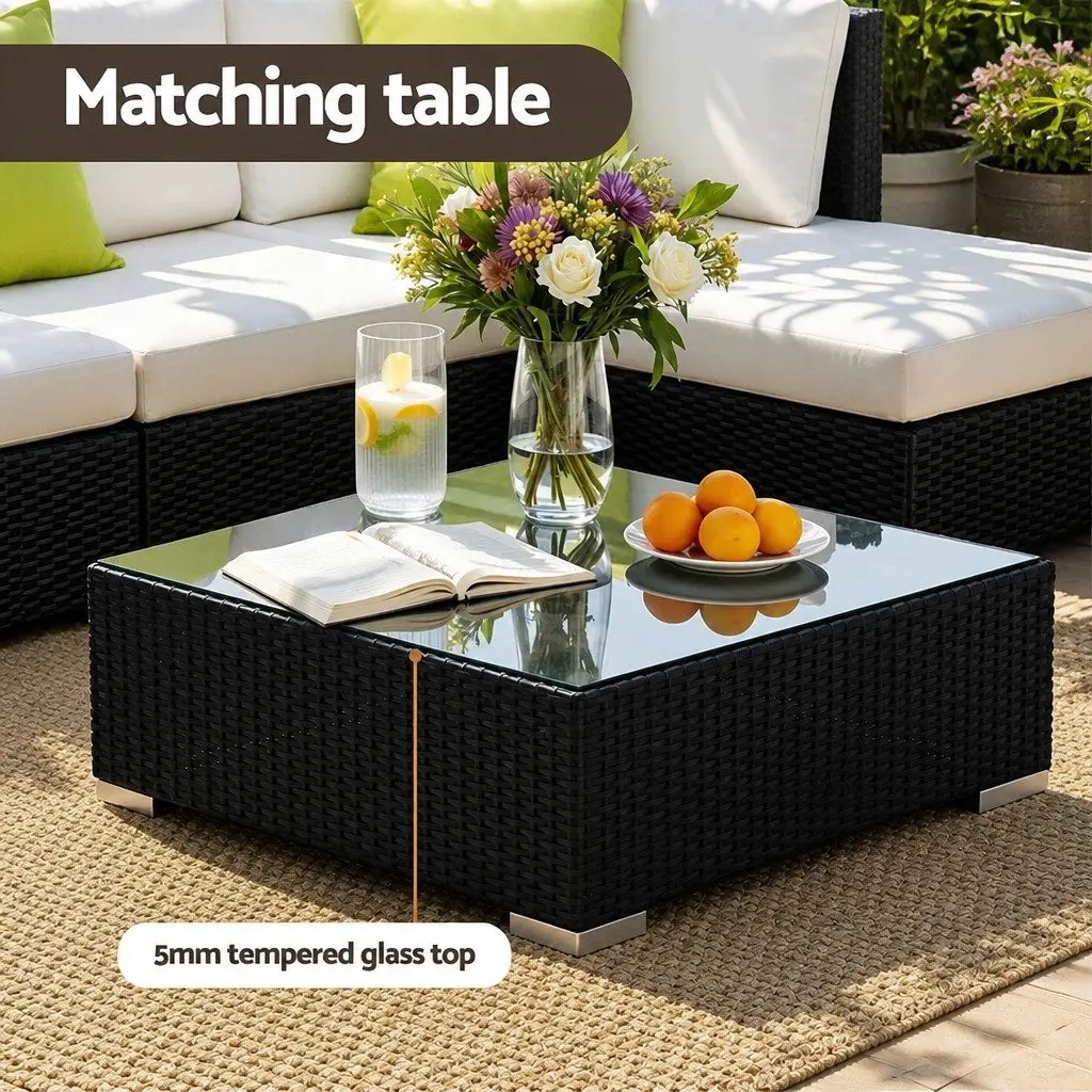 10 Piece Outdoor Sofa Set Wicker Frame Black Beige Cushions Glass Top Table Ottoman