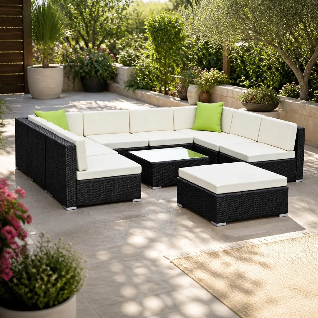 10 Piece Outdoor Sofa Set Wicker Frame Black Beige Cushions Glass Top Table Ottoman