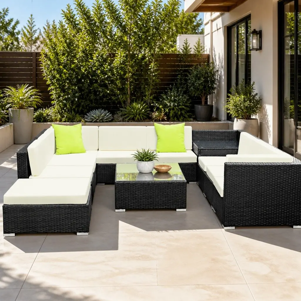 11 Piece Outdoor Wicker Sofa Set Black Cushioned Seating Glass Top Tables