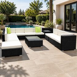Durable 12 Piece Black Wicker Sofa Set with Cover