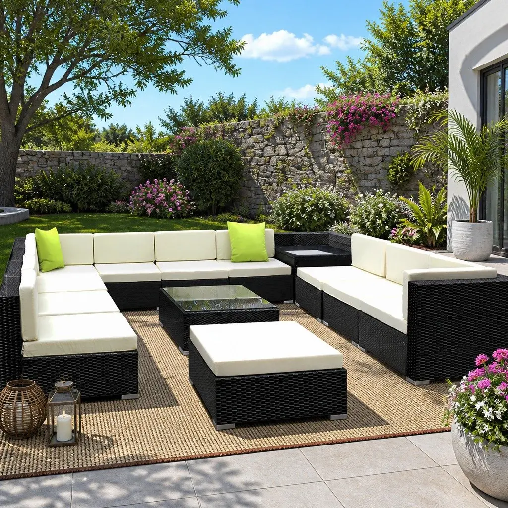 13 Piece Outdoor Wicker Lounge Setting Aluminium Black Sofa Couch Armchairs Corner Table