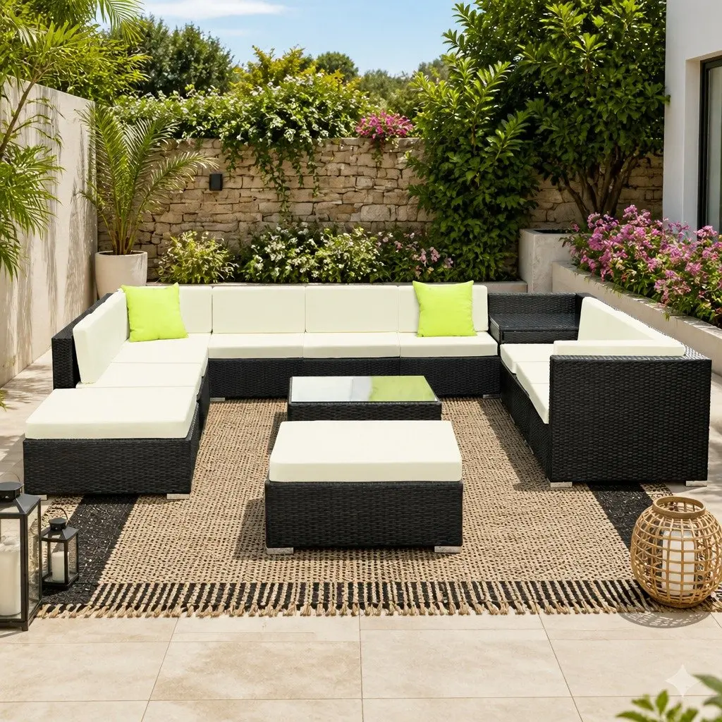 13 Piece Outdoor Wicker Lounge Setting Aluminium Black Sofa Couch Armchairs Corner Table