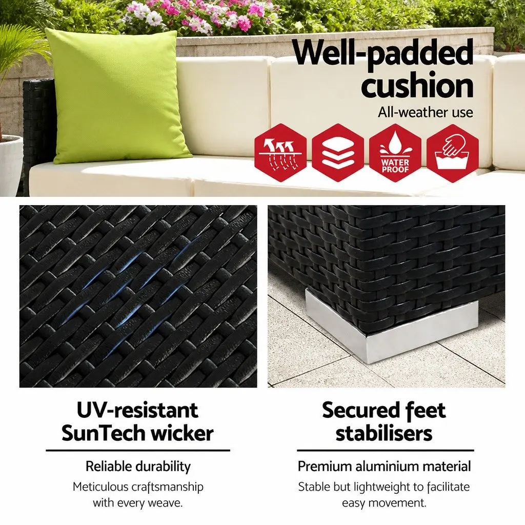 13 Piece Outdoor Wicker Lounge Setting Aluminium Black Sofa Couch Armchairs Corner Table