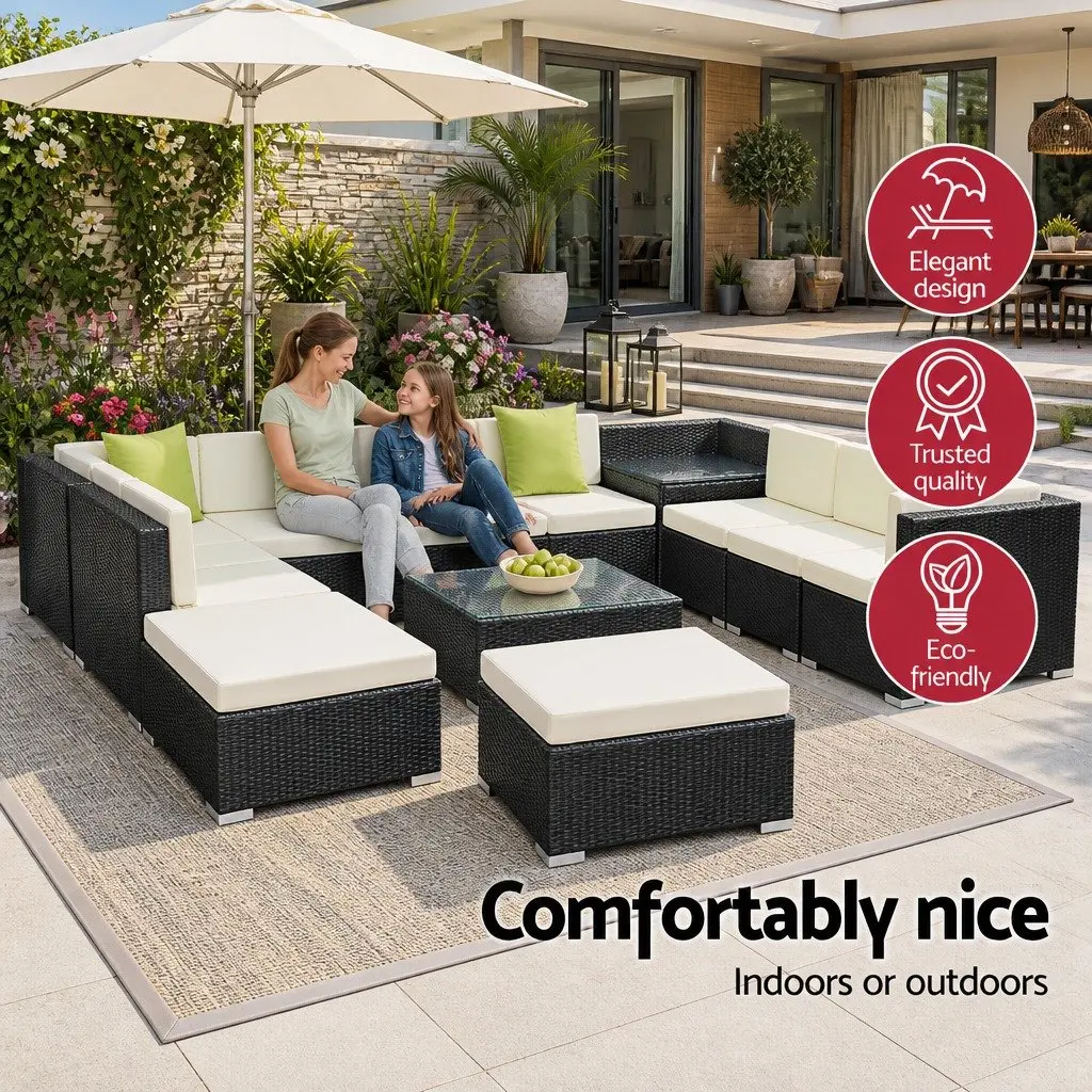 13 Piece Outdoor Wicker Lounge Setting Aluminium Black Sofa Couch Armchairs Corner Table