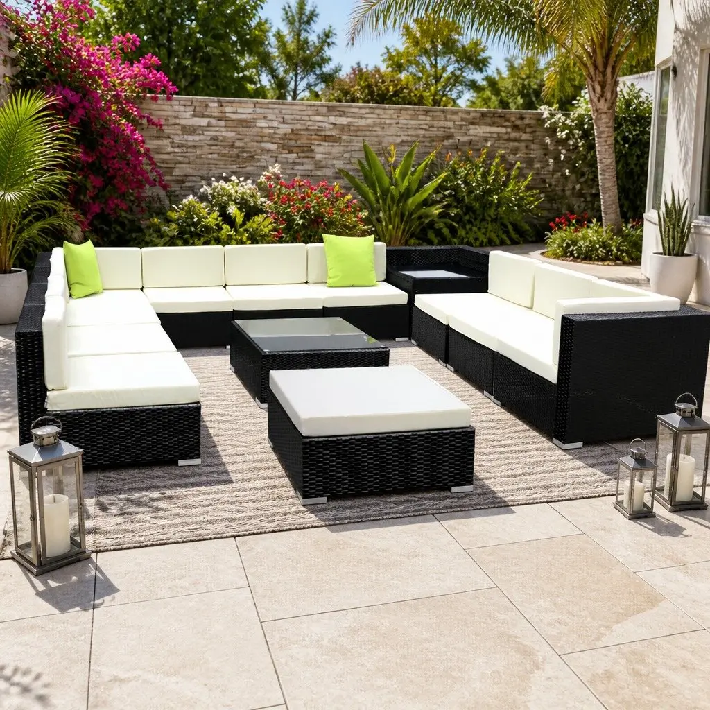 13 Piece Outdoor Wicker Lounge Setting Aluminium Black Sofa Couch Armchairs Corner Table