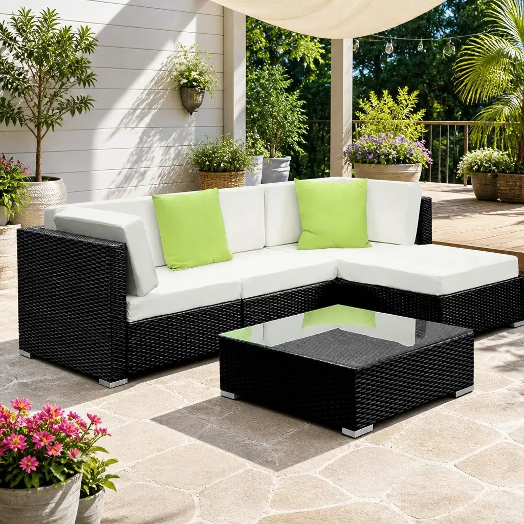 5 Piece Outdoor Sofa Set Wicker Aluminium Black Beige Lime Green