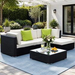 5-Piece Wicker Sofa Set with Storage Cover for Outdoors