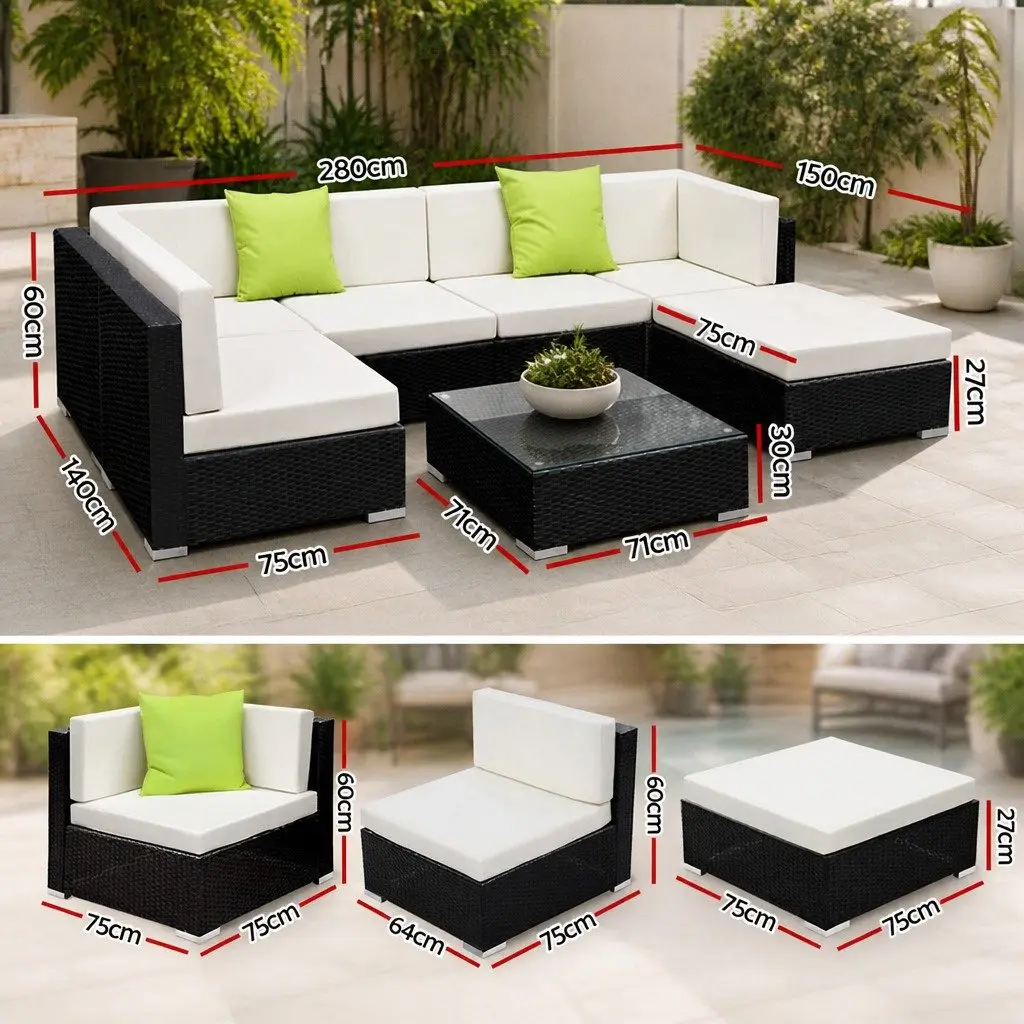 7 Piece Outdoor Sofa Set Wicker Lounge Couch Black with Beige Cushions and Lime Green Throw Pillows