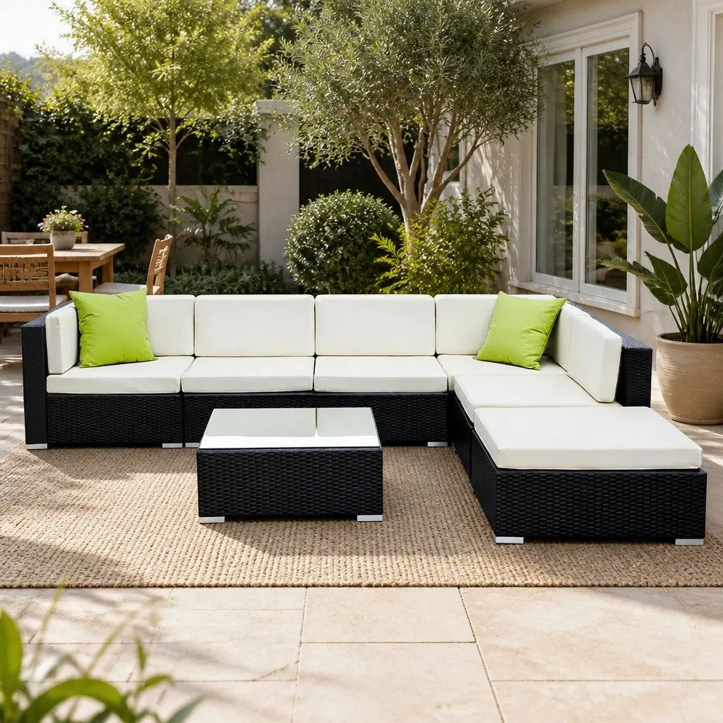 7 Piece Outdoor Sofa Set Wicker Lounge Couch Black with Beige Cushions and Lime Green Throw Pillows