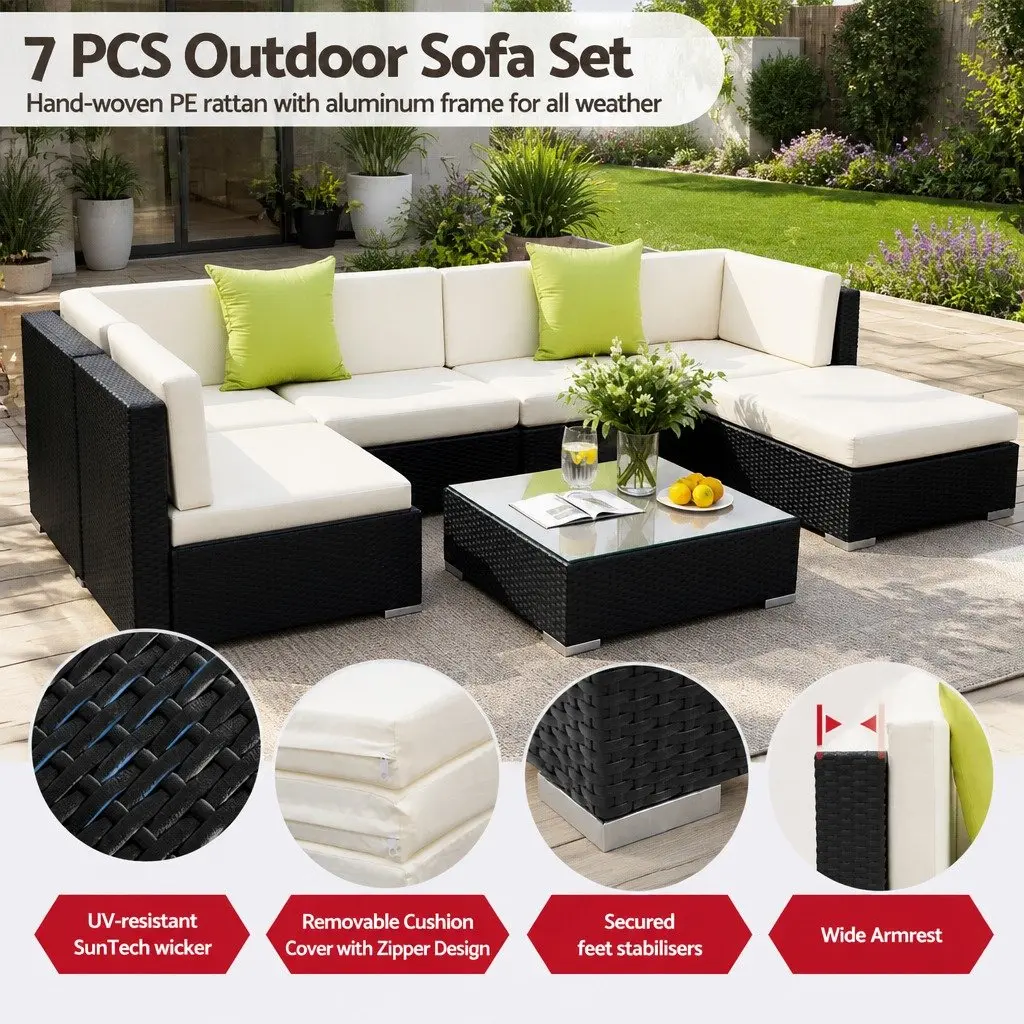 7 Piece Outdoor Sofa Set Wicker Lounge Couch Black with Beige Cushions and Lime Green Throw Pillows