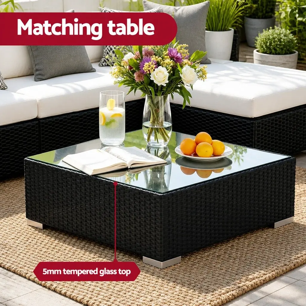 7 Piece Outdoor Sofa Set Wicker Lounge Couch Black with Beige Cushions and Lime Green Throw Pillows