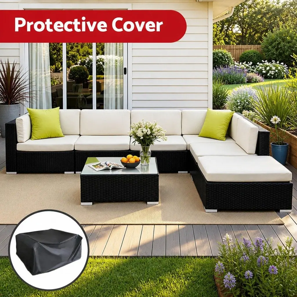 7 Piece Outdoor Sofa Set Wicker Lounge Couch Black with Beige Cushions and Lime Green Throw Pillows