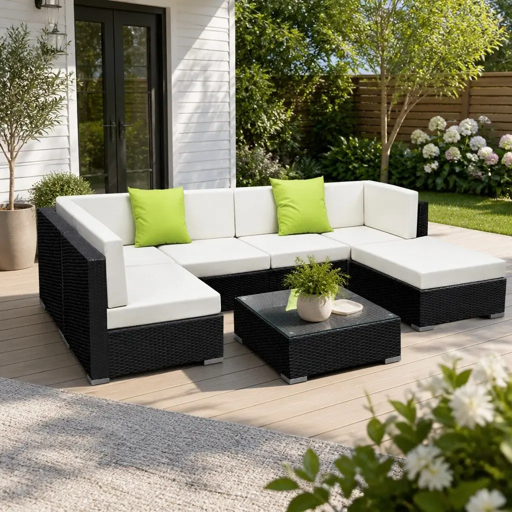 7 Piece Outdoor Sofa Set Wicker Lounge Couch Black with Beige Cushions and Lime Green Throw Pillows