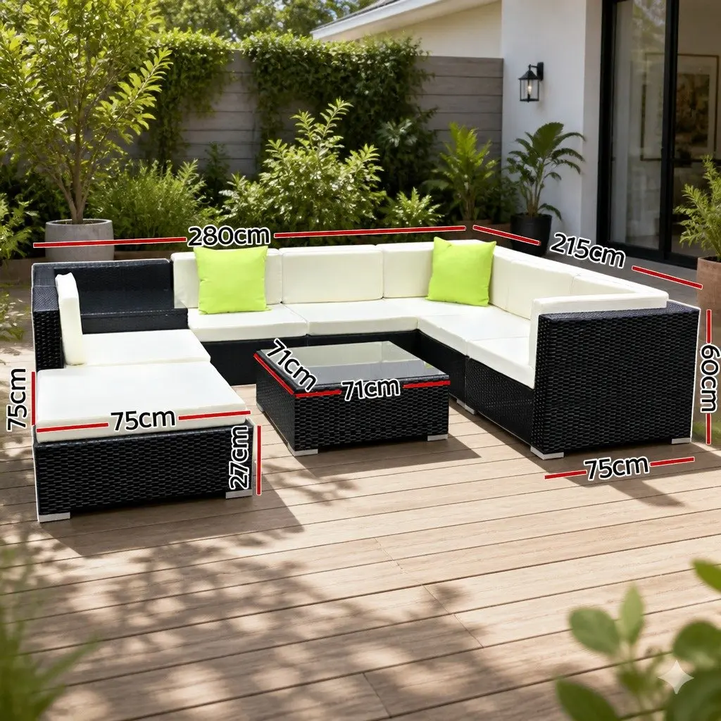 9 Piece Outdoor Wicker Sofa Set Aluminium Frame Beige Cushions Black and Lime Green