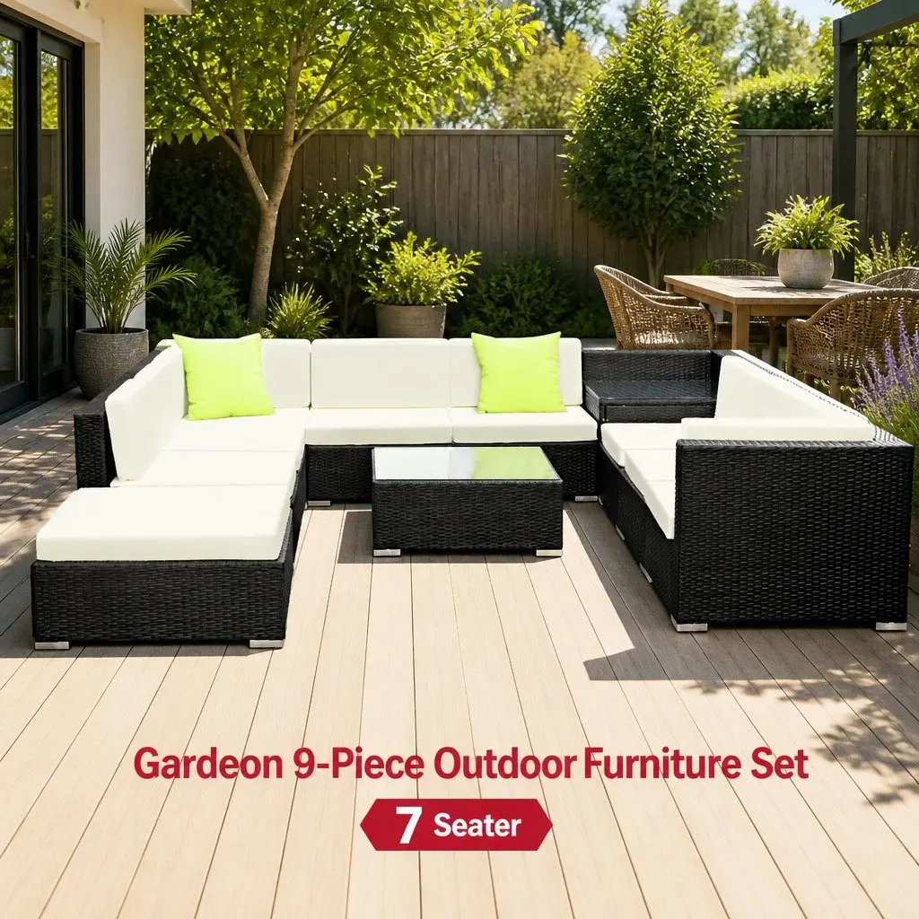 9 Piece Outdoor Wicker Sofa Set Aluminium Frame Beige Cushions Black and Lime Green