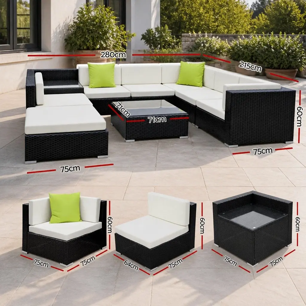 9PieceLoungeSofaSetBlackWickerOutdoorCouchCornerTableCushionsBeigeLimeGreen