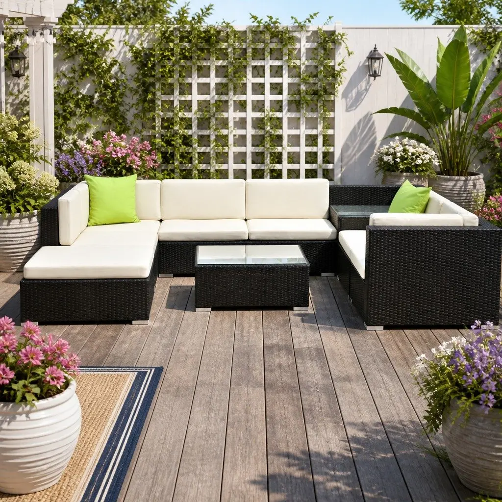 9PieceLoungeSofaSetBlackWickerOutdoorCouchCornerTableCushionsBeigeLimeGreen