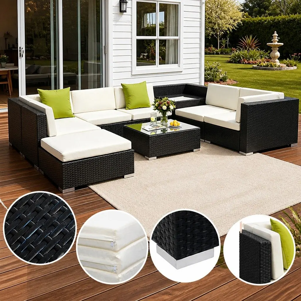 9PieceLoungeSofaSetBlackWickerOutdoorCouchCornerTableCushionsBeigeLimeGreen