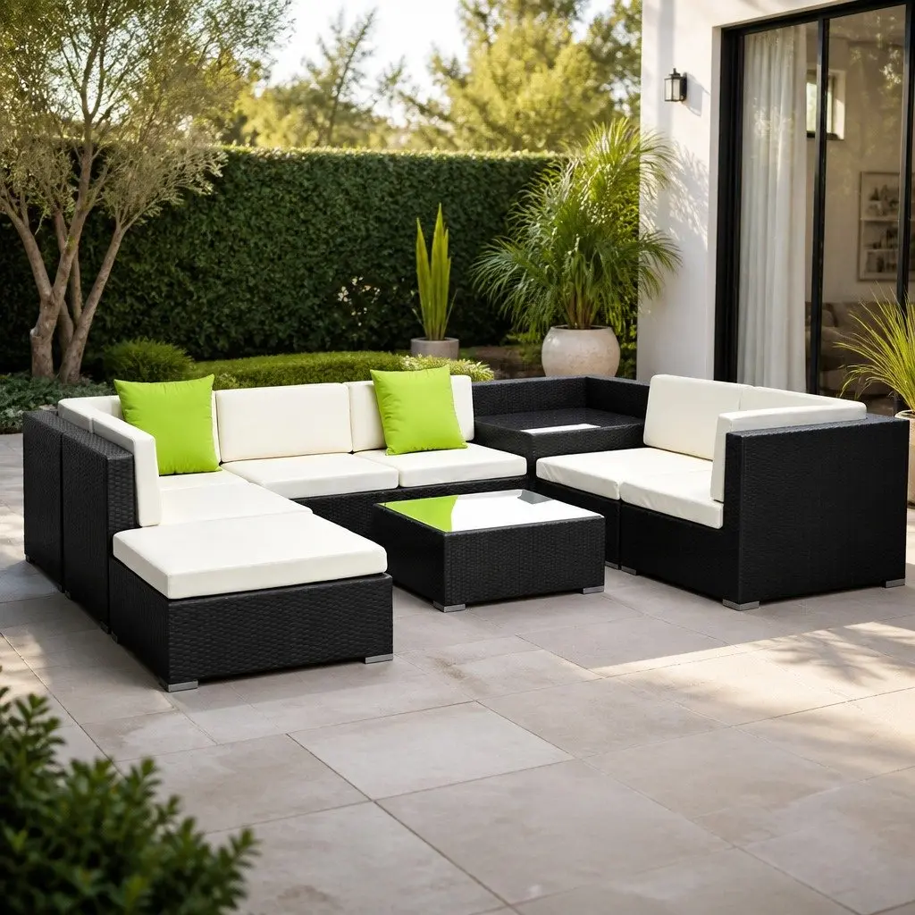 9PieceLoungeSofaSetBlackWickerOutdoorCouchCornerTableCushionsBeigeLimeGreen