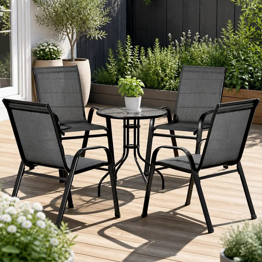 5 Piece Outdoor Dining Set Black Chairs Table Tempered Glass Stackable