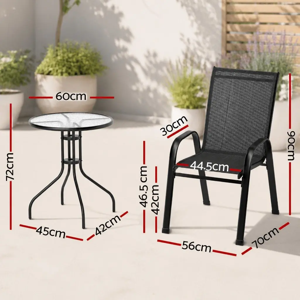5 Piece Outdoor Dining Set Black Chairs Table Tempered Glass Stackable