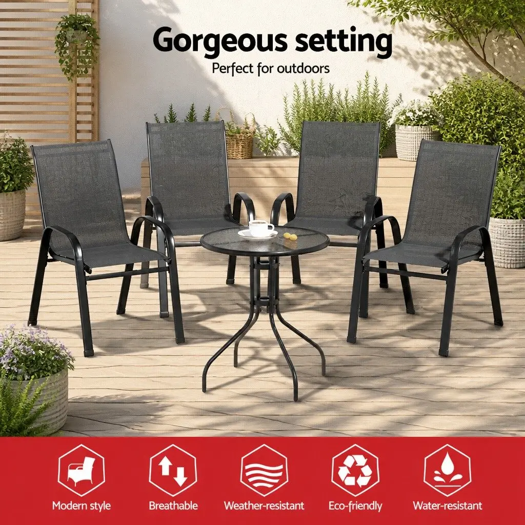 5 Piece Outdoor Dining Set Black Chairs Table Tempered Glass Stackable
