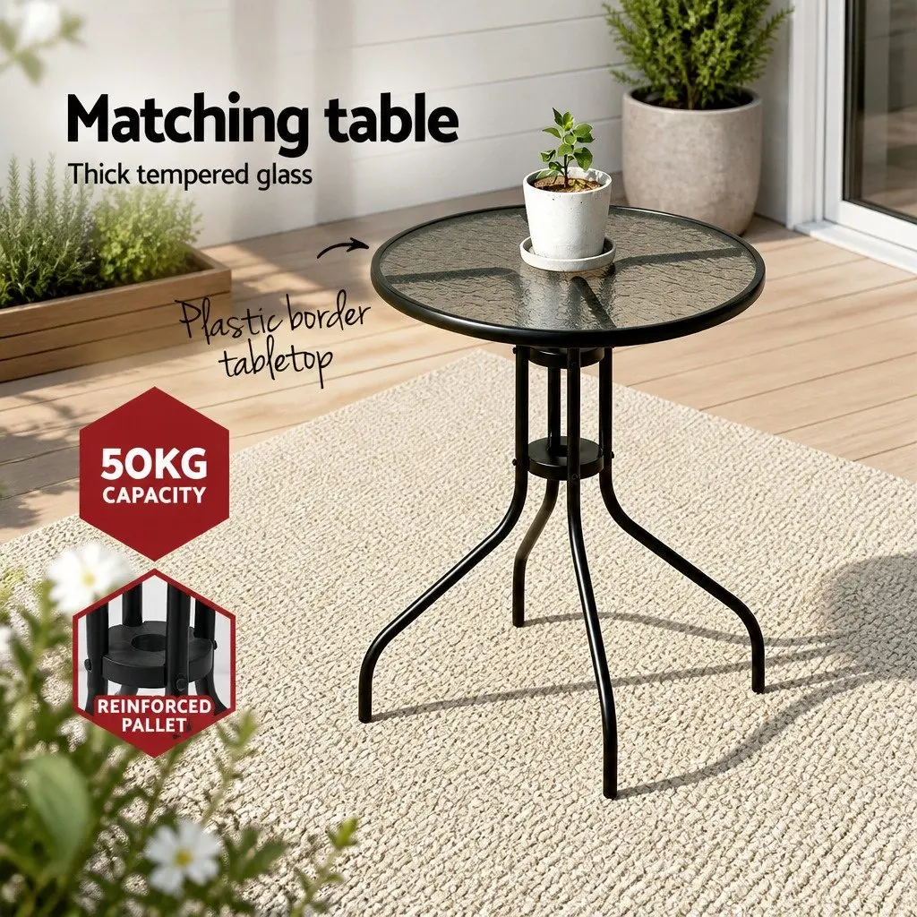 5 Piece Outdoor Dining Set Black Chairs Table Tempered Glass Stackable