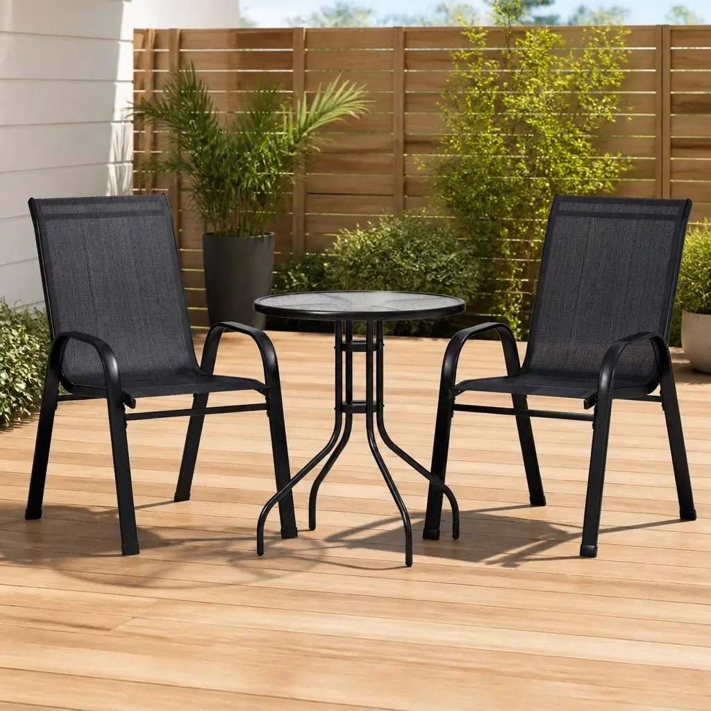 3-Piece Bistro Set with Stackable Chairs & Glass Table