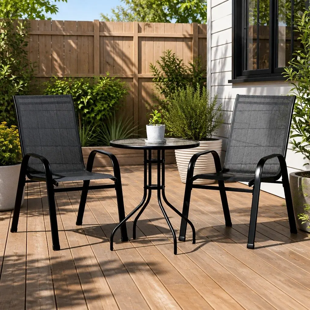 3-Piece Bistro Set with Stackable Chairs & Glass Table