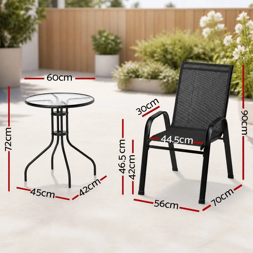 3-Piece Bistro Set with Stackable Chairs & Glass Table