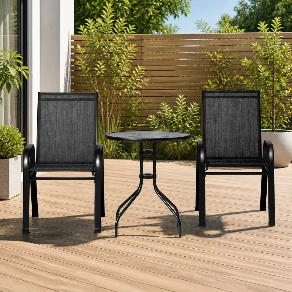 3-Piece Bistro Set with Stackable Chairs & Glass Table
