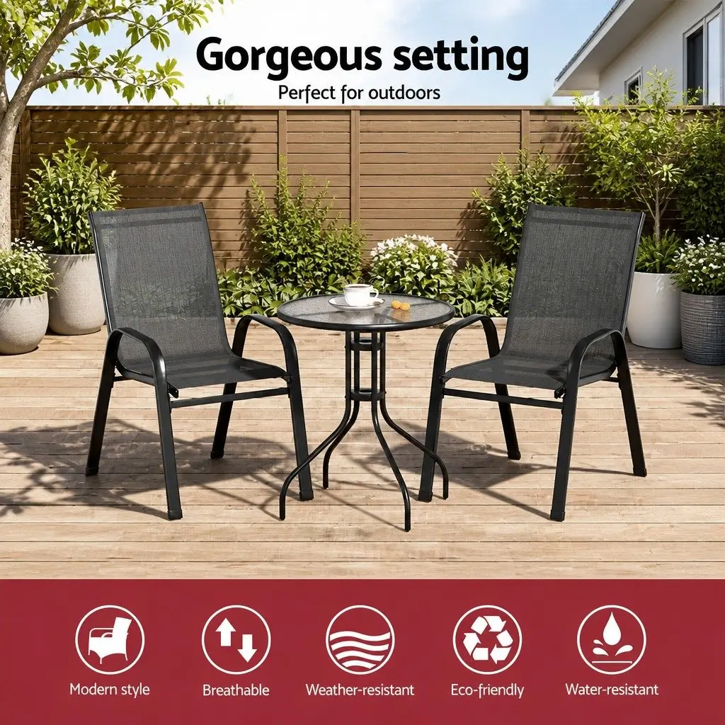 3-Piece Bistro Set with Stackable Chairs & Glass Table