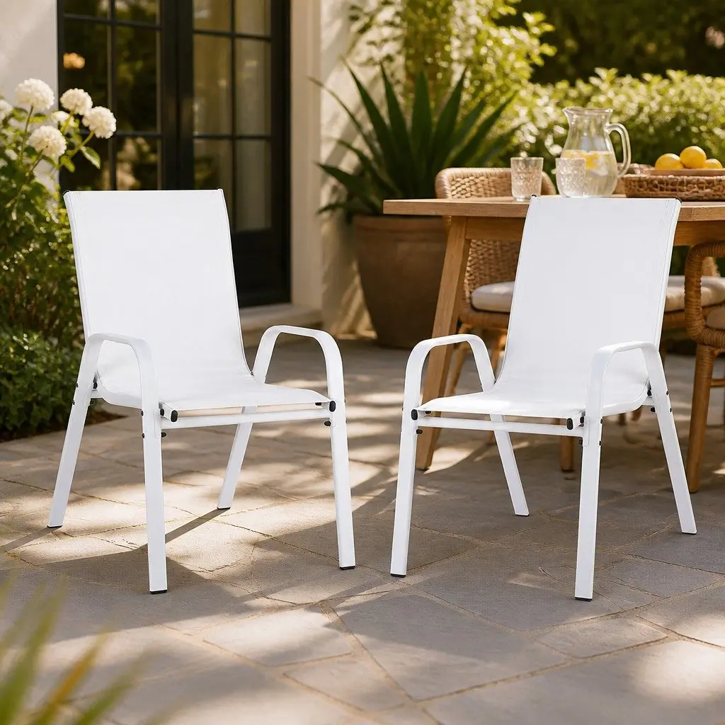 Outdoor Stackable Chairs White Patio Set of 2