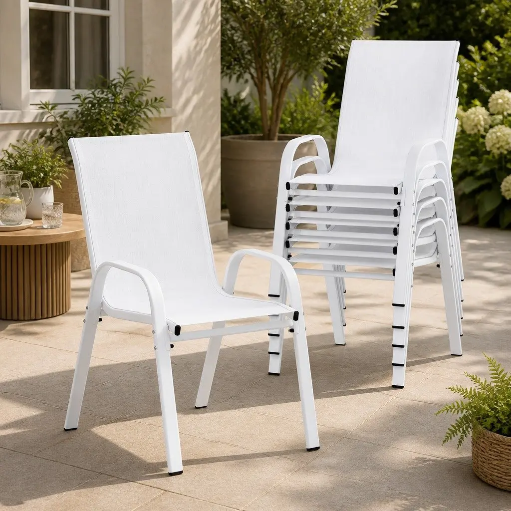 6PC Stackable Outdoor Dining Chairs White Steel Frame