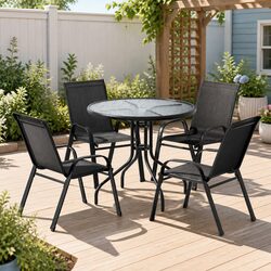 Sturdy Black Outdoor Dining Set with 4 Stackable Chairs