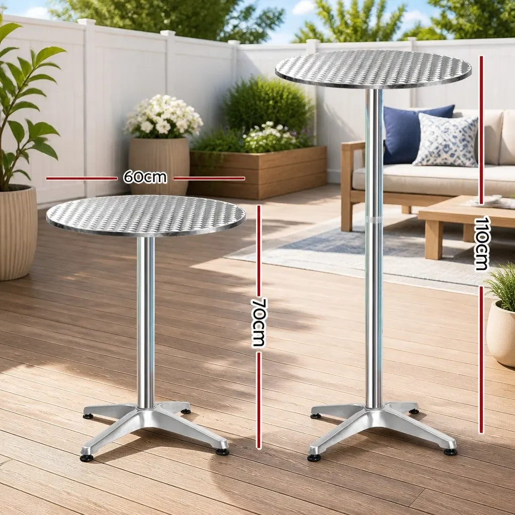 Outdoor Bar Table Stainless Steel 60cm Round Adjustable Height 70cm 110cm Silver Set of 2 Foldable Portable