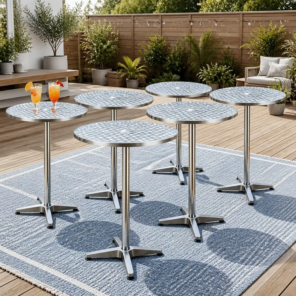 Outdoor Bar Tables Stainless Steel 60cm Round Adjustable Height 70cm 110cm Silver Set of 6 Foldable
