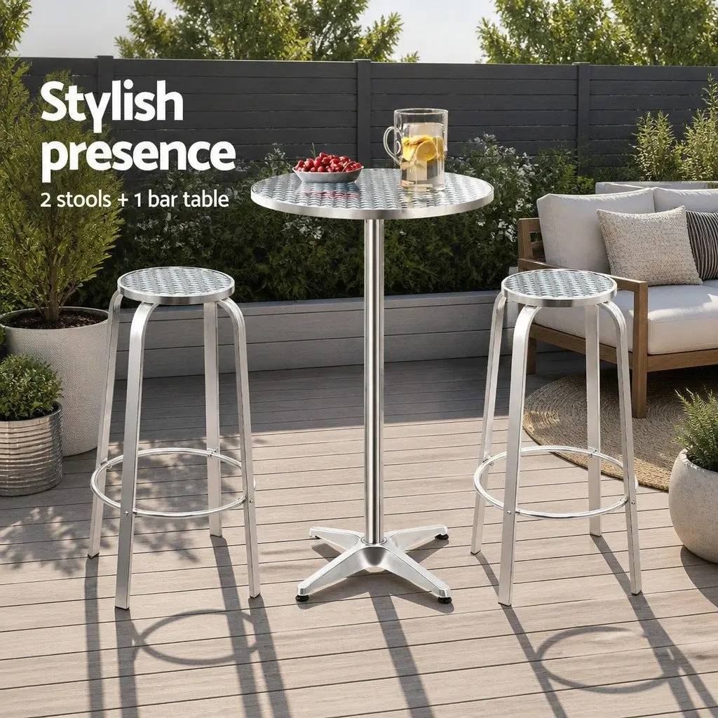 Outdoor Bar Set Aluminium Stainless Steel Height-Adjustable Round Table Silver 3 Piece
