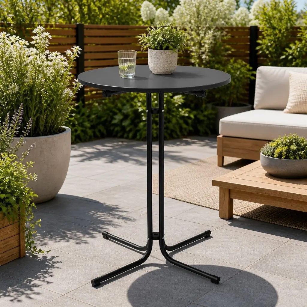 Round Bar Table Steel MDF 80cm Black 109cm Height Folding Outdoor Indoor