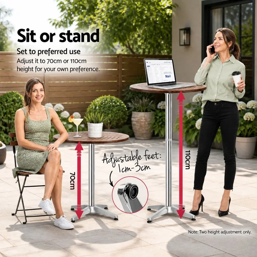 Outdoor Bar Table Hardwood Top 60cm Foldable Adjustable Height Aluminium Silver