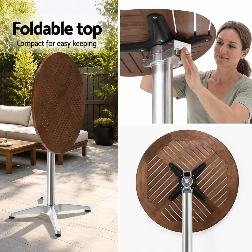 Outdoor Bar Table Hardwood Top 60cm Foldable Adjustable Height Aluminium Silver