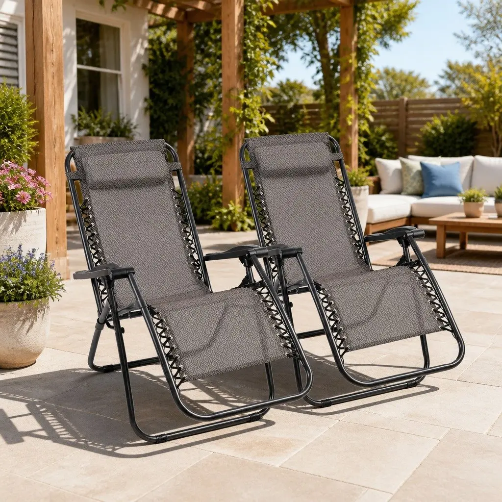Beige 2PC Zero Gravity Reclining Chair Outdoor Lounger