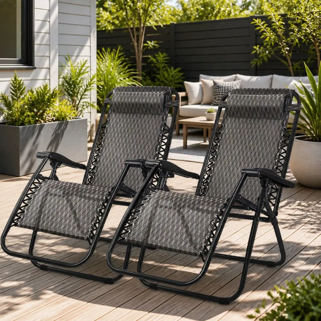 2PC Zero Gravity Chair Folding Outdoor Recliner Adjustable Lounge Camping Grey
