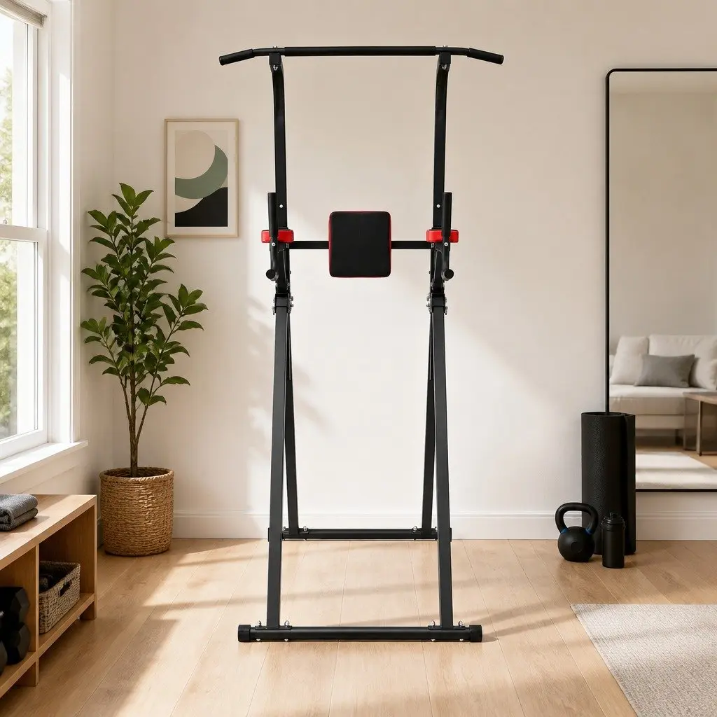 Chin Up Tower Exercise Station Steel Adjustable Height Black Red