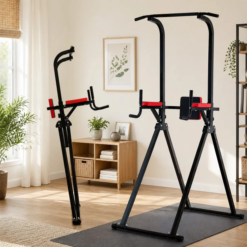 Chin Up Tower Exercise Station Steel Adjustable Height Black Red