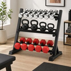 Sturdy 3-Tier Dumbbell and Kettlebell Rack for Home Gym